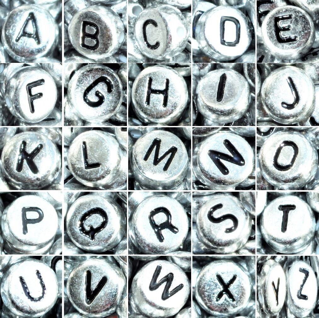 7x4mm Silver Flat Round Acrylic Alphabet Beads - Single & Mixed Letters