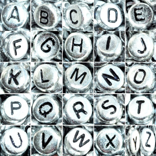 7x4mm Silver Flat Round Acrylic Alphabet Beads - Single & Mixed Letters
