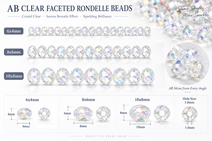 AB Clear Faceted Crystal Rondelle Beads - 6mm, 8mm, 10mm
