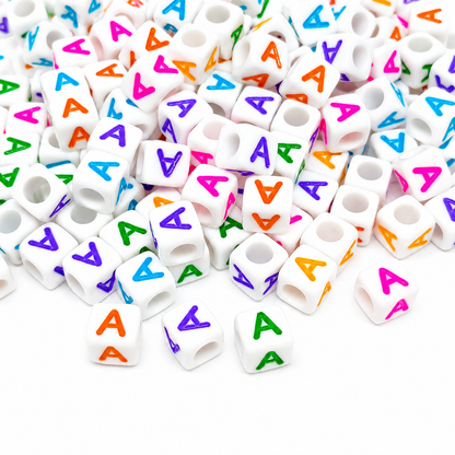 6mm White Cube Acrylic Alphabet Beads - Colourful Letters