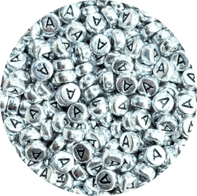 7x4mm Silver Flat Round Acrylic Alphabet Beads - Single & Mixed Letters