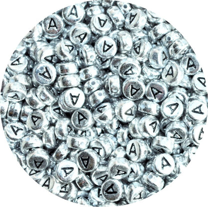 7x4mm Silver Flat Round Acrylic Alphabet Beads - Single & Mixed Letters