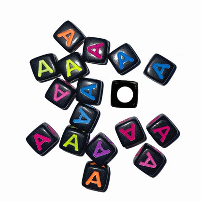 7mm Black Cube Acrylic Alphabet Beads - Colourful A - Z Single Letters