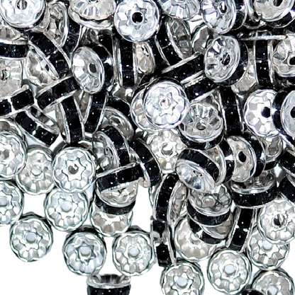 8mm Black Rhinestone Rondelle Spacer Beads - Silver Plated