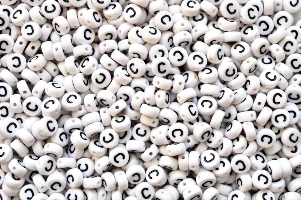 100 x 7mm white FLAT ROUND single & mixed alphabets / letters acrylic beads