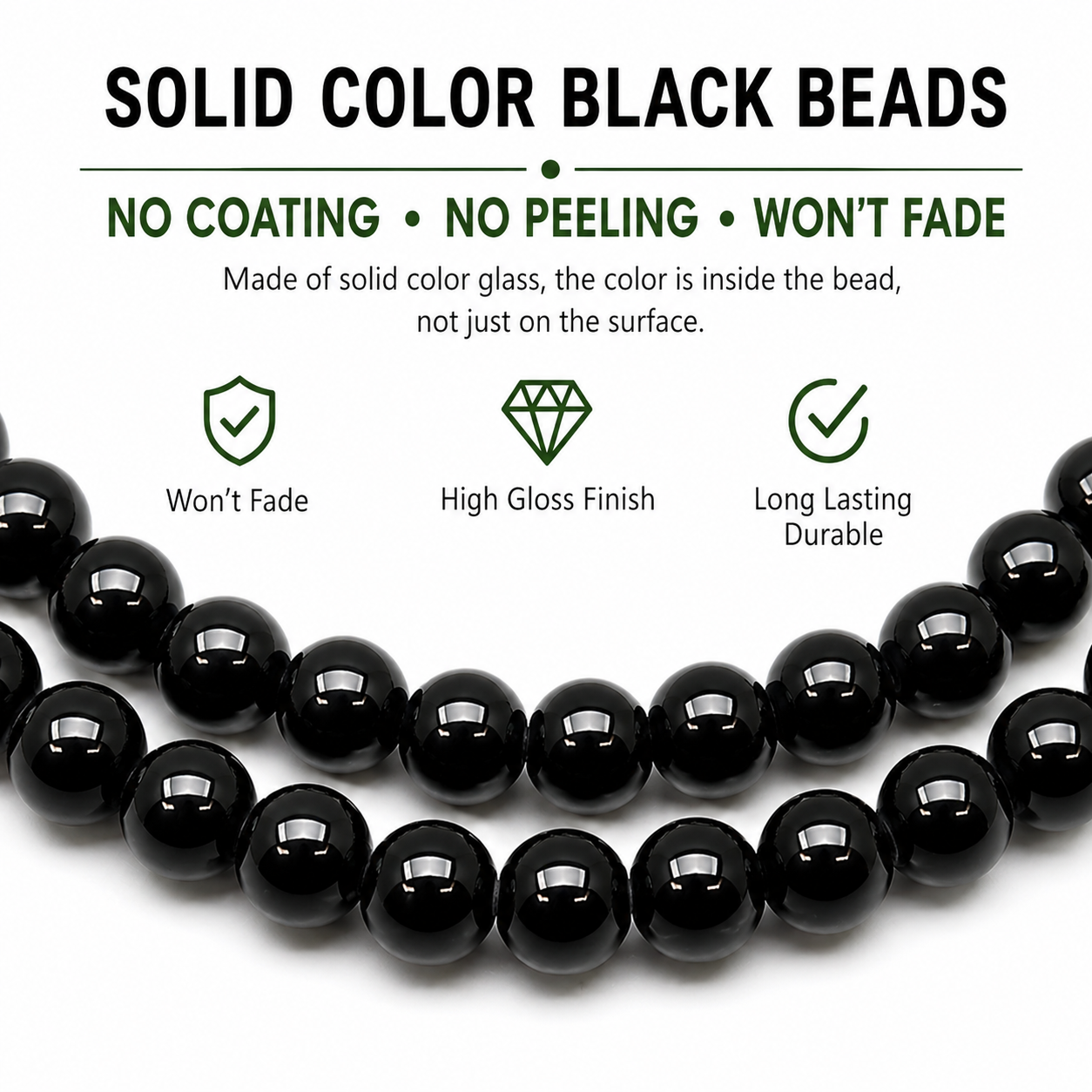 Black Round Glass Pearl Beads - 4mm, 6mm, 8mm