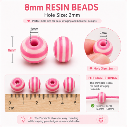 8mm Solid Colour Striped Round Resin Beads