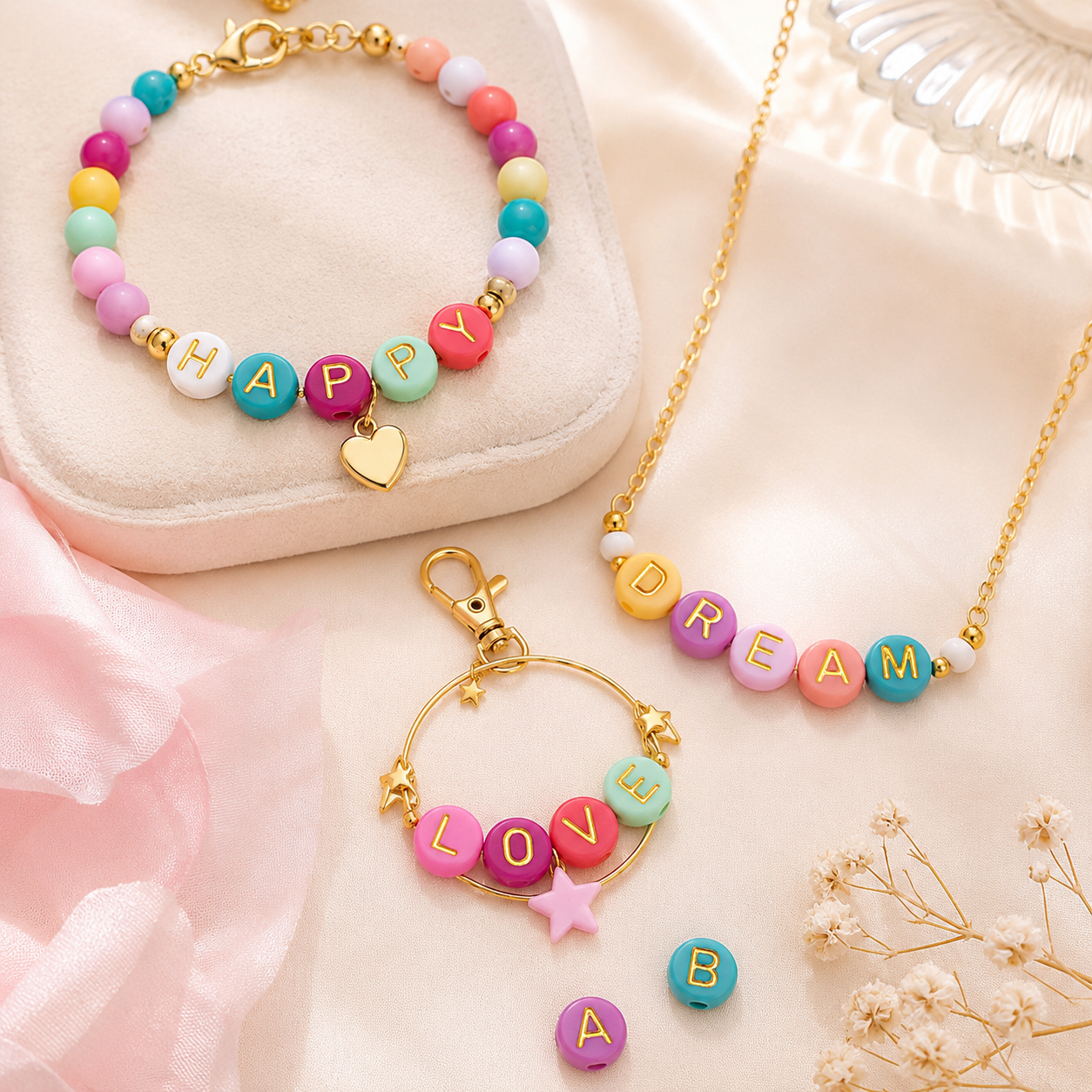 7mm Flat Round Acrylic Alphabet Beads - Gold Letter on Solid Colour Beads