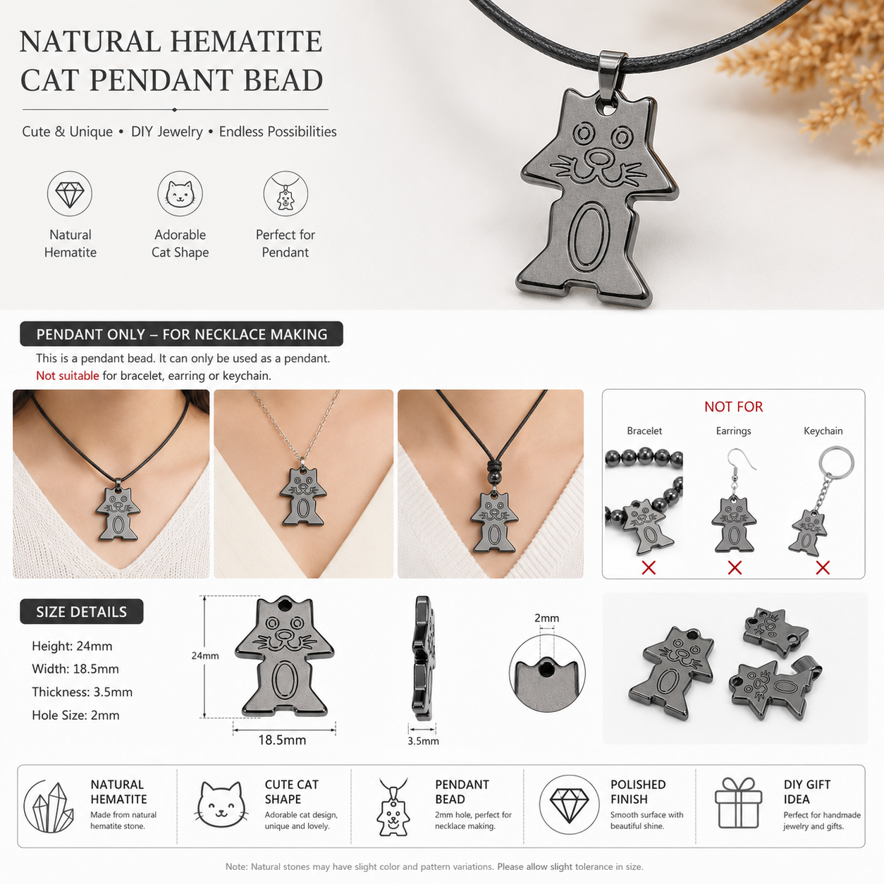 3pcs Hematite Lucky Cat Pendant Charm Beads 24mm