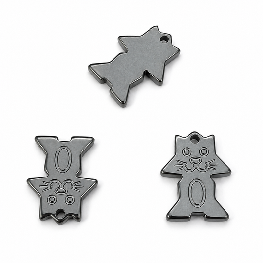 3pcs Hematite Lucky Cat Pendant Charm Beads 24mm