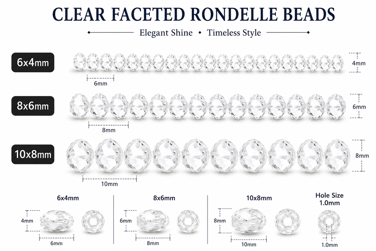 Clear Faceted Crystal Rondelle Beads - 6mm, 8mm, 10mm