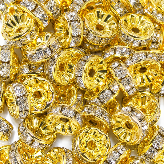 6mm, 8mm, 10mm Clear Rhinestone Rondelle Spacer Beads - Gold Plated