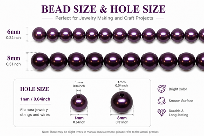 Purple Round Glass Pearl Beads -  6mm, 8mm