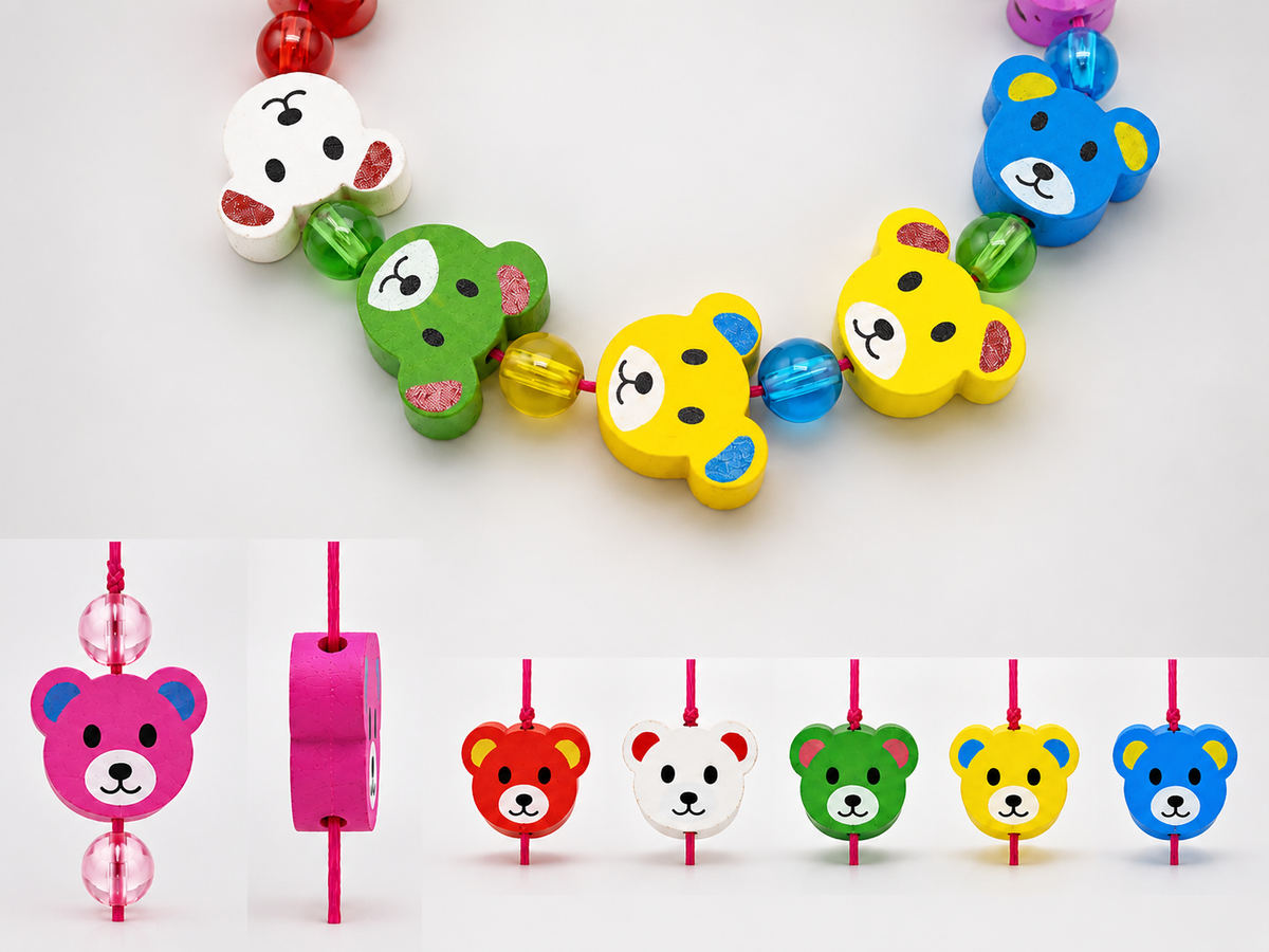 Multicoloured Bear Face Wooden Bead