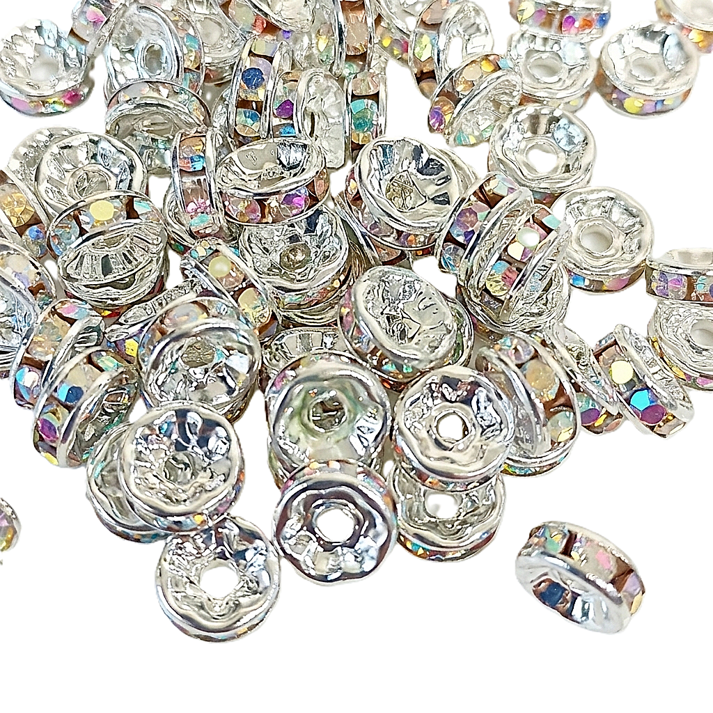 6mm, 8mm 10mm AB Clear Rhinestone Rondelle Spacer Beads - Silver Plated