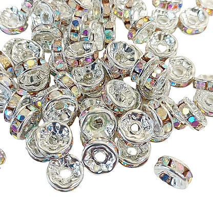 6mm, 8mm 10mm AB Clear Rhinestone Rondelle Spacer Beads - Silver Plated