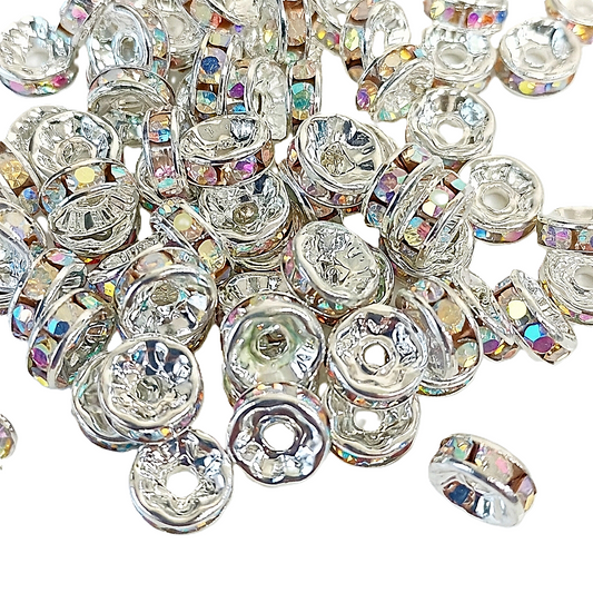 6mm, 8mm 10mm AB Clear Rhinestone Rondelle Spacer Beads - Silver Plated