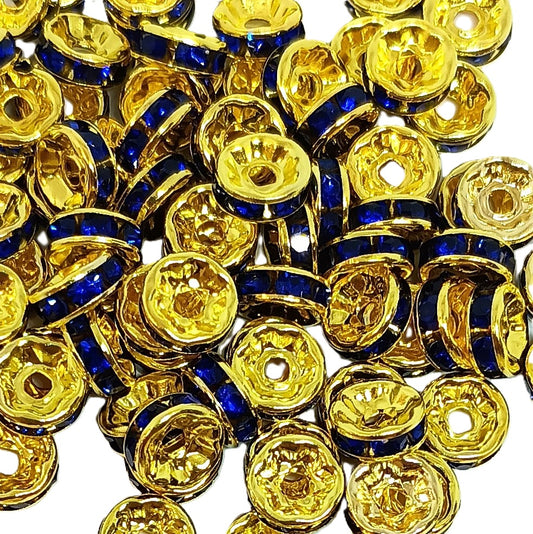 8mm Dark Blue Rhinestone Rondelle Spacer Beads - Gold Plated