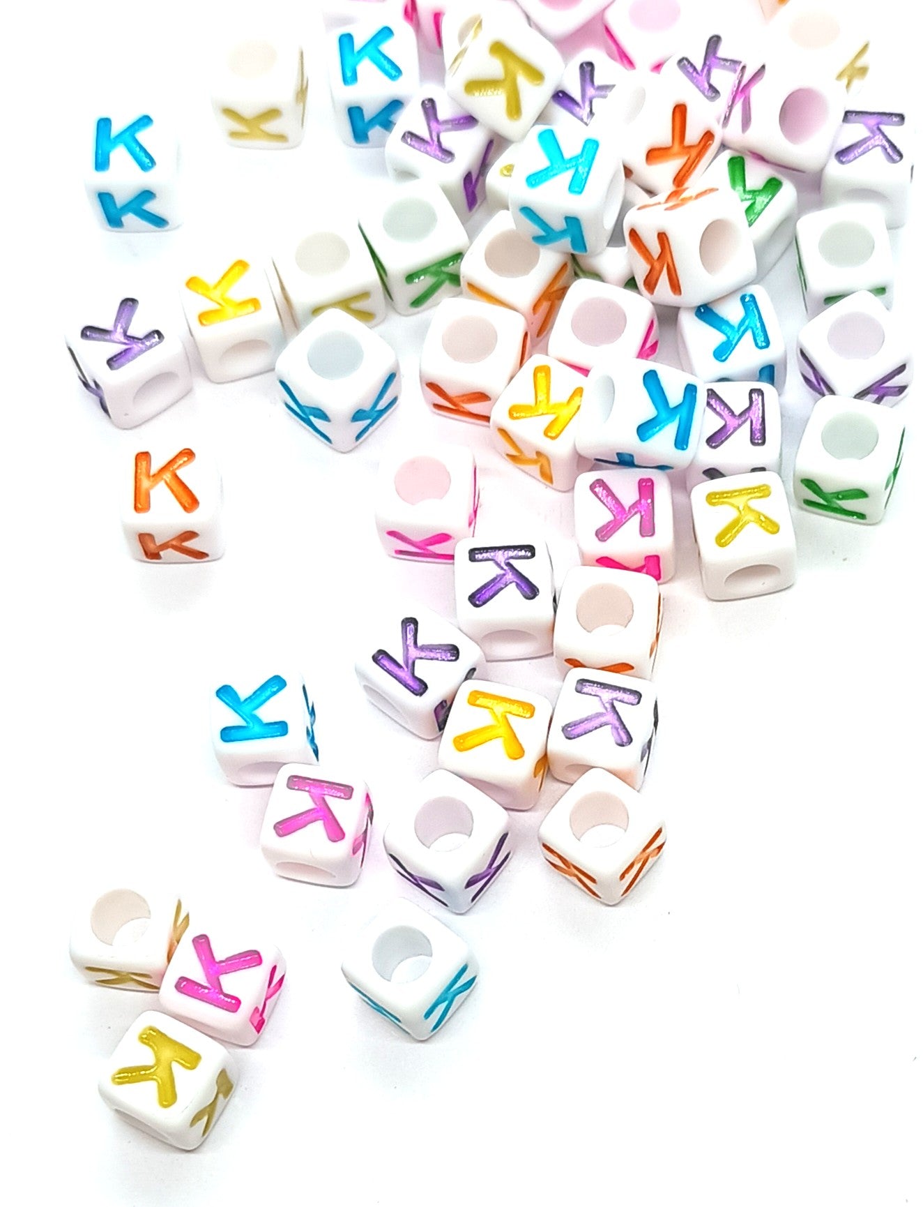 7mm White Cube Acrylic Alphabet Beads - Colourful Single Letters