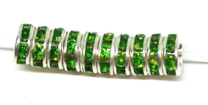 8mm Green Rhinestone Rondelle Spacer Beads - Silver Plated