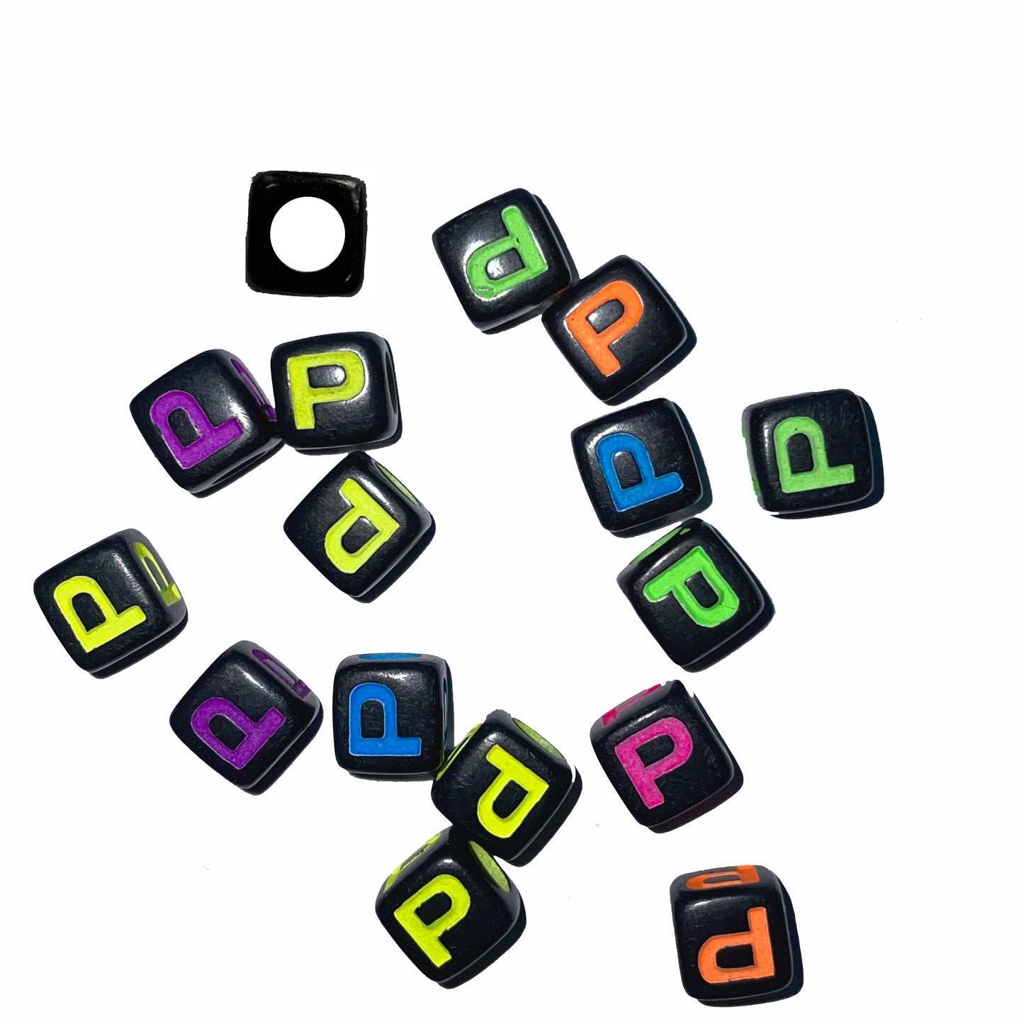 7mm Black Cube Acrylic Alphabet Beads - Colourful A - Z Single Letters