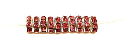 8mm Rose Pink Rhinestone Rondelle Spacer Beads - Silver Plated