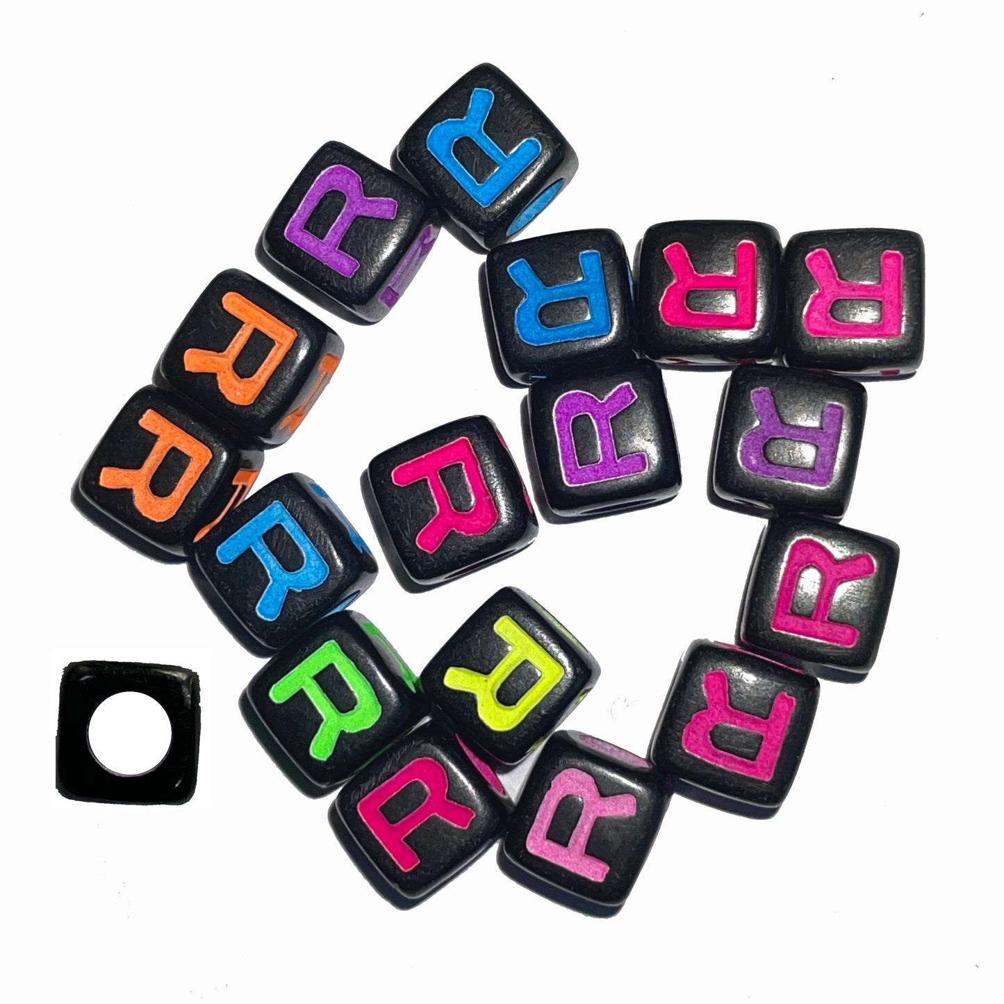 7mm Black Cube Acrylic Alphabet Beads - Colourful A - Z Single Letters