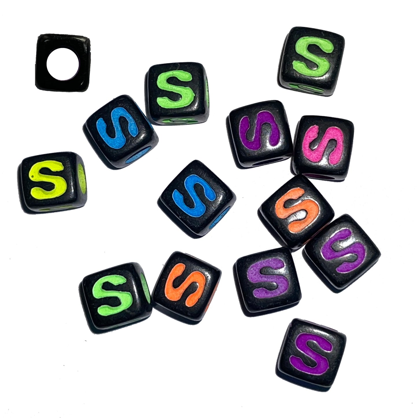 7mm Black Cube Acrylic Alphabet Beads - Colourful A - Z Single Letters