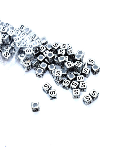6mm Silver Cube Acrylic Alphabet Beads - Single & Mixed Letters