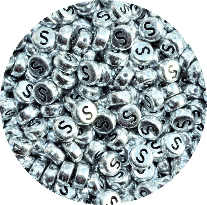 7x4mm Silver Flat Round Acrylic Alphabet Beads - Single & Mixed Letters