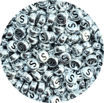 7x4mm Silver Flat Round Acrylic Alphabet Beads - Single & Mixed Letters