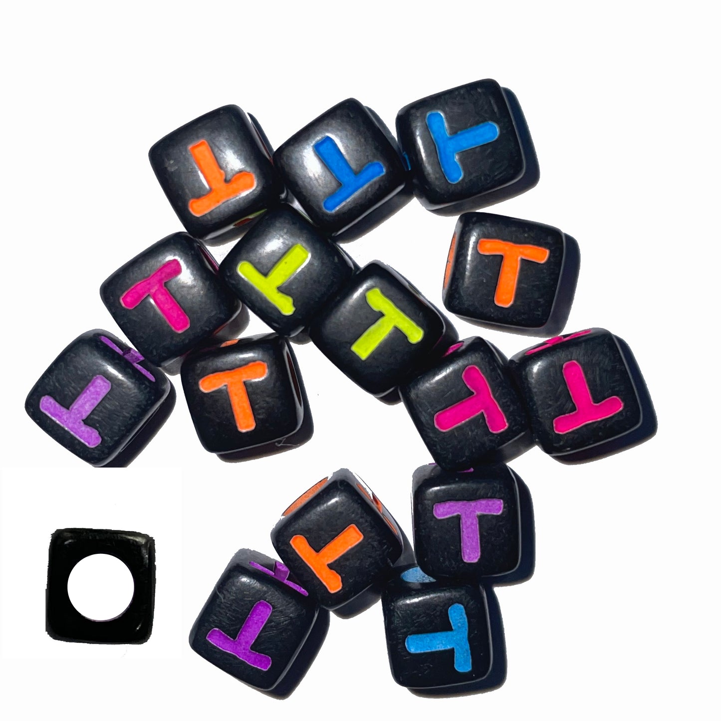 7mm Black Cube Acrylic Alphabet Beads - Colourful A - Z Single Letters