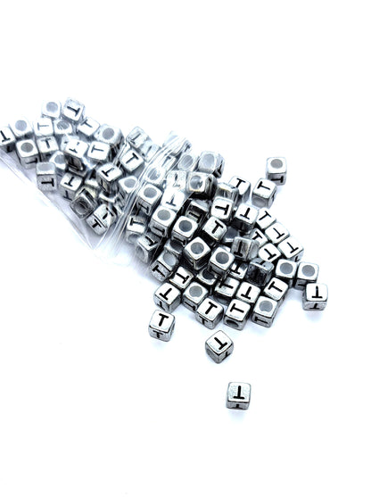 6mm Silver Cube Acrylic Alphabet Beads - Single & Mixed Letters