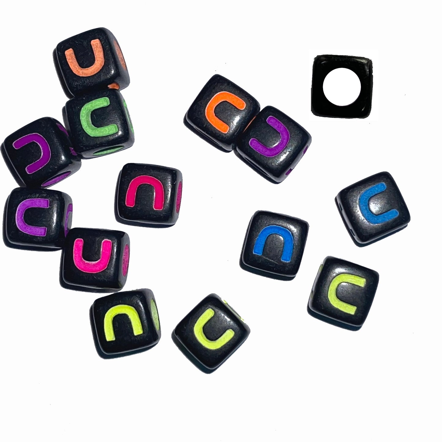 7mm Black Cube Acrylic Alphabet Beads - Colourful A - Z Single Letters