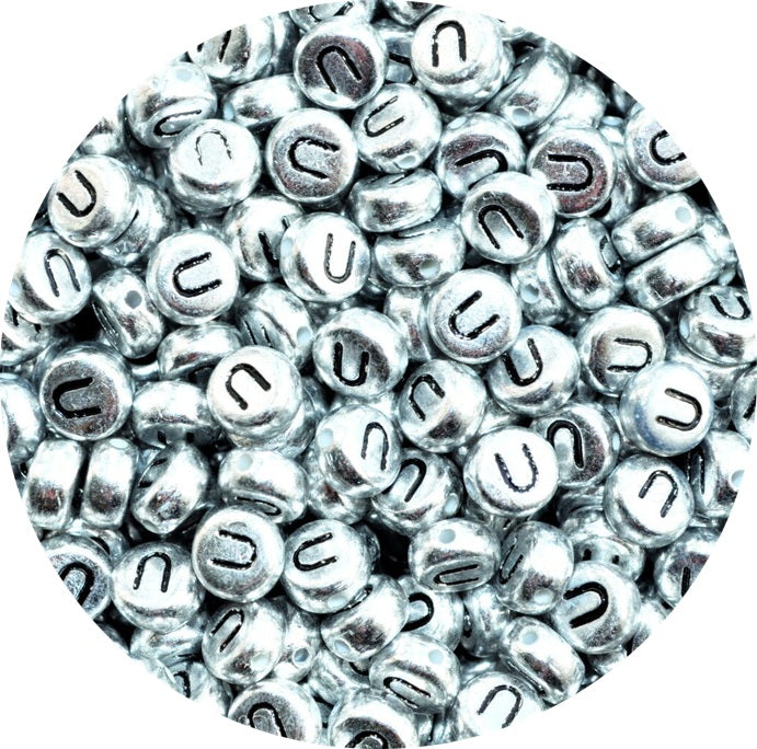 7x4mm Silver Flat Round Acrylic Alphabet Beads - Single & Mixed Letters