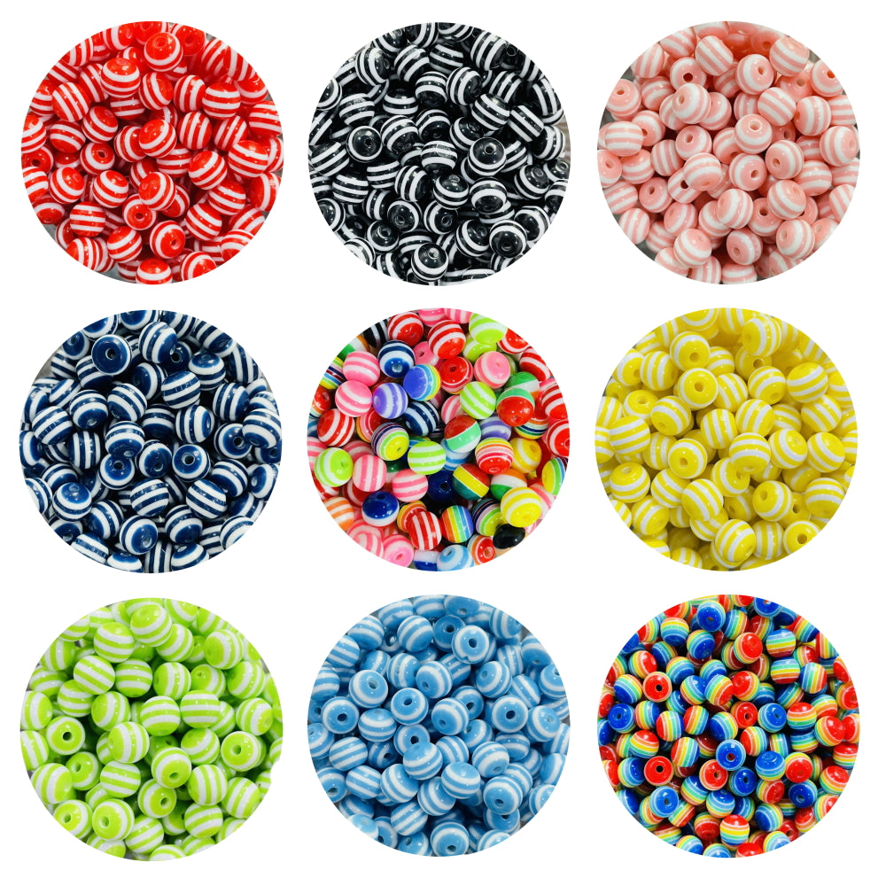 10mm Solid Colour Striped Round Resin Beads
