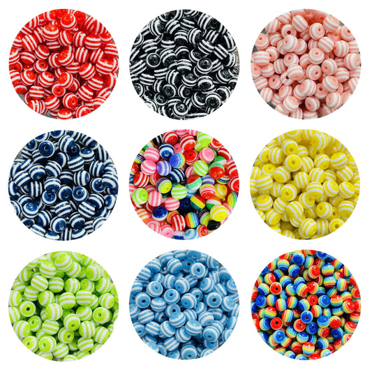 10mm Solid Colour Striped Round Resin Beads