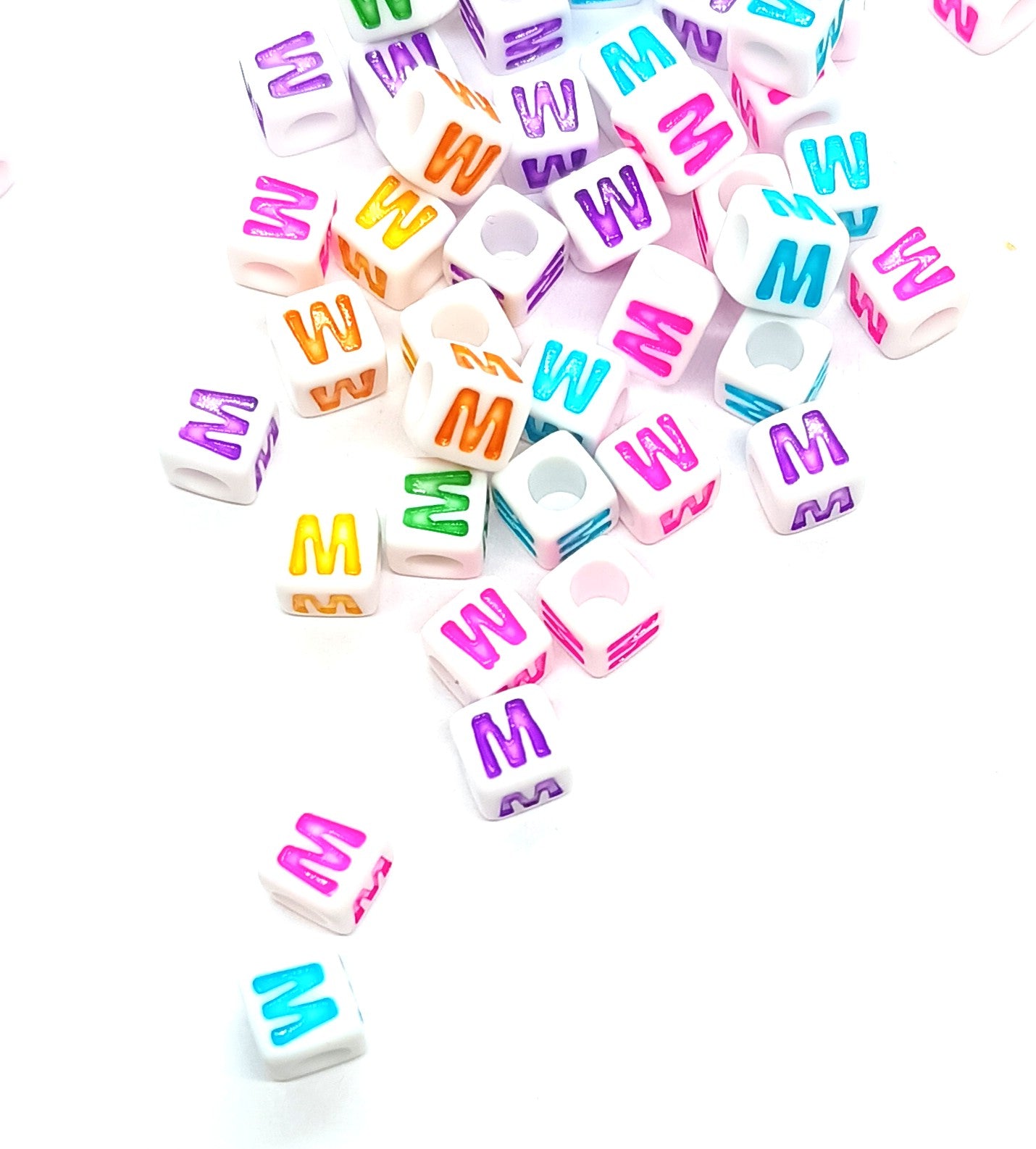 7mm White Cube Acrylic Alphabet Beads - Colourful Single Letters