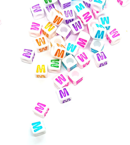 7mm White Cube Acrylic Alphabet Beads - Colourful Single Letters