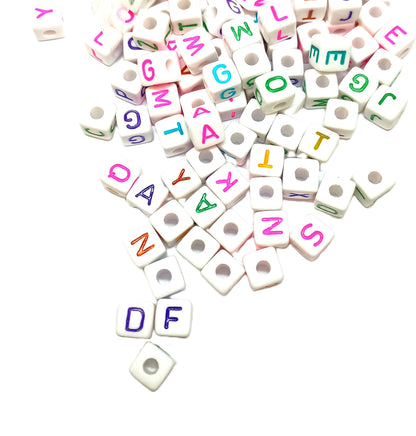 10mm White Cube Acrylic Alphabets Beads - Colourful Mixed Letters