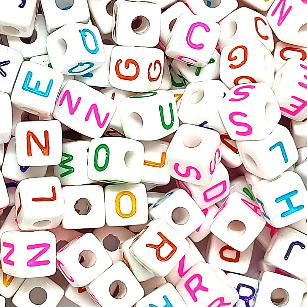 10mm White Cube Acrylic Alphabets Beads - Colourful Mixed Letters