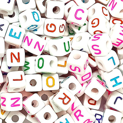 10mm White Cube Acrylic Alphabets Beads - Colourful Mixed Letters