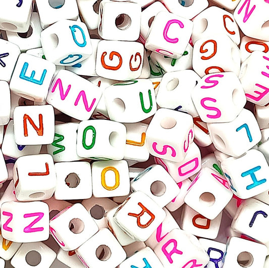 10mm White Cube Acrylic Alphabets Beads - Colourful Mixed Letters