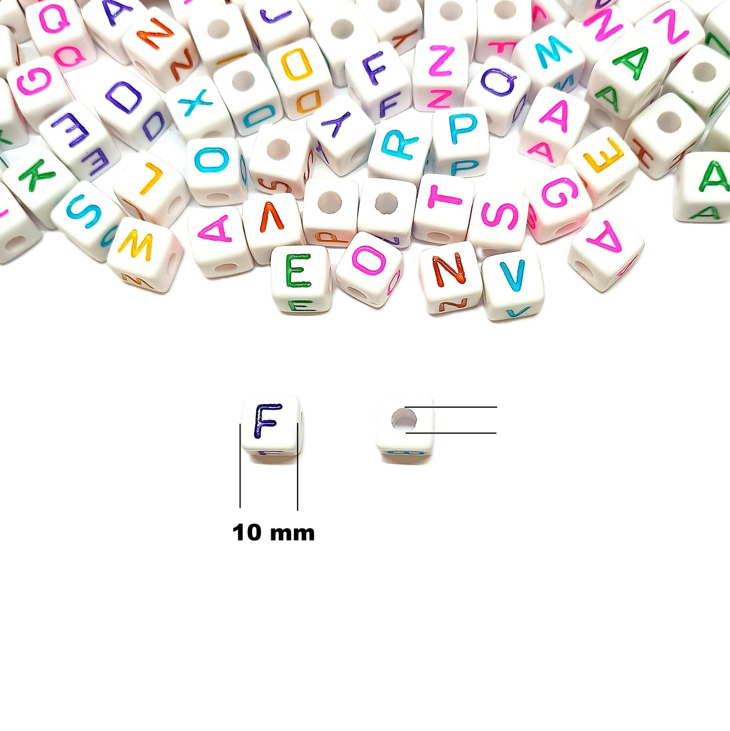 10mm White Cube Acrylic Alphabets Beads - Colourful Mixed Letters