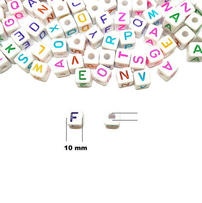 10mm White Cube Acrylic Alphabets Beads - Colourful Mixed Letters