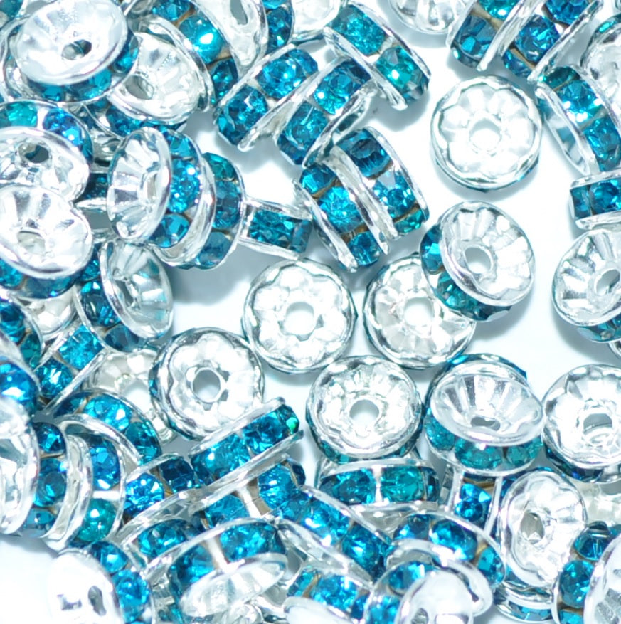 8mm Aqua Rhinestone Rondelle Spacer Beads - Silver Plated