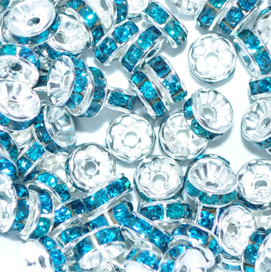 8mm Aqua Rhinestone Rondelle Spacer Beads - Silver Plated