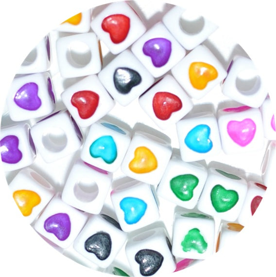 7mm Multicolour Heart Print White Acrylic Cube Beads