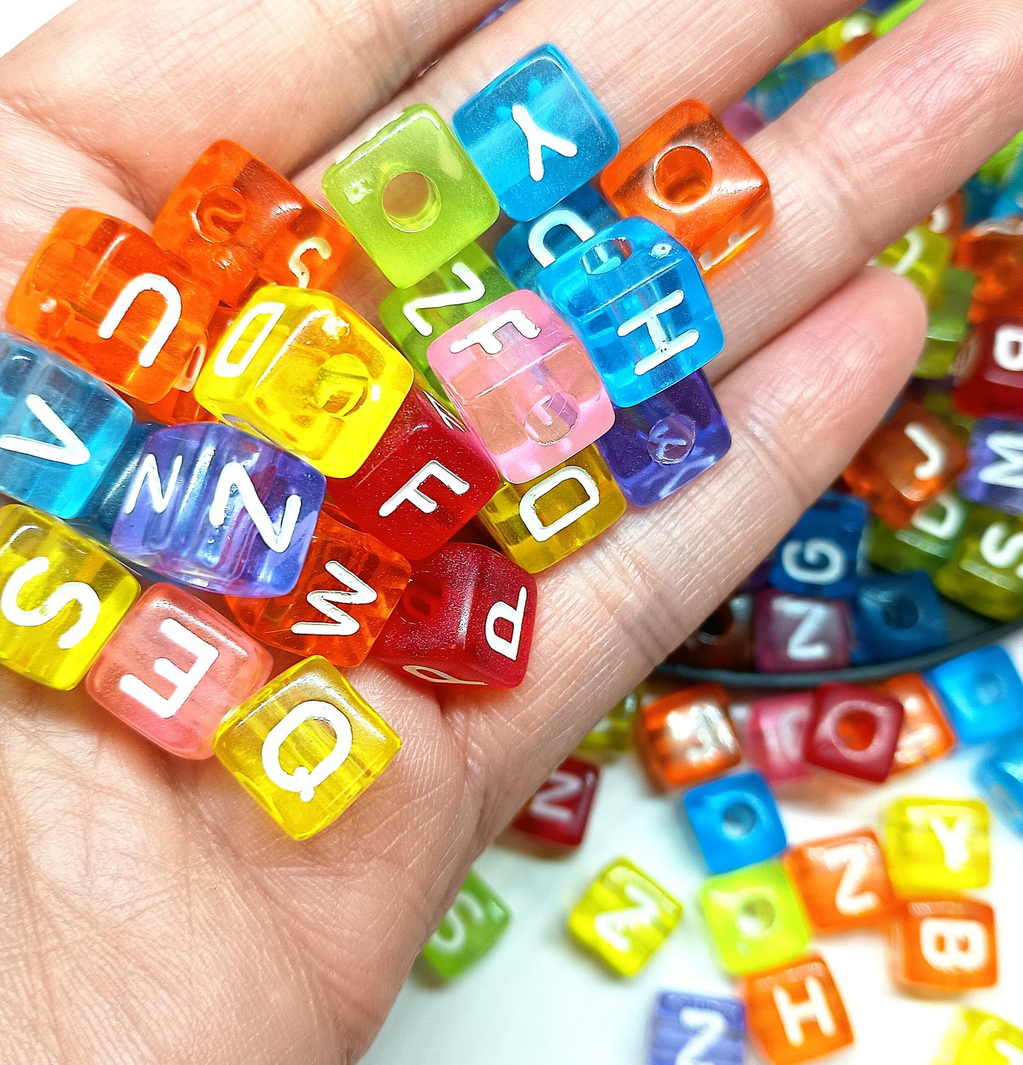 10mm Transparent Cube Acrylic Alphabet Beads - Multicoloured