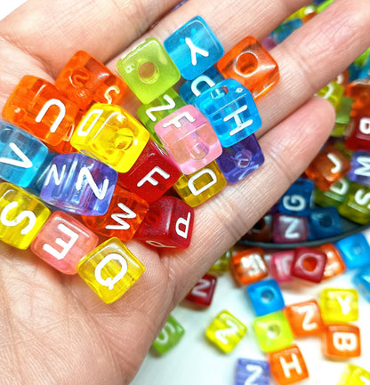 10mm Transparent Cube Acrylic Alphabet Beads - Multicoloured